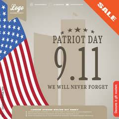 Vector poster of Patriot Day sale on the gradient brown background with flag for advertising.