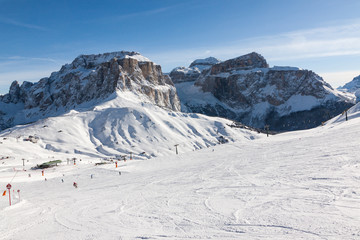 Sass Pordoi (in the Sella Group) with snow in the Italian Dolomites from the ski area Col Rodella - 119027082