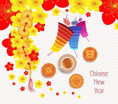 Oriental Chinese New Year background with lantern, tea and cake