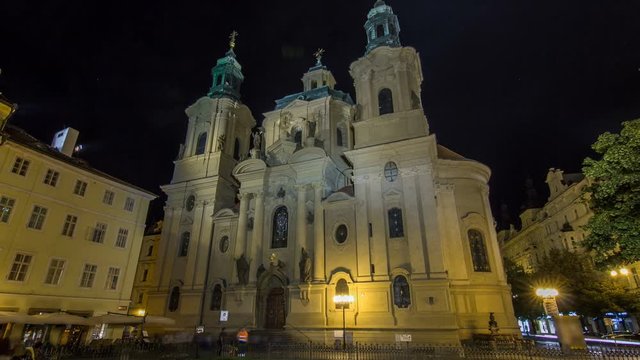The Church of St. Nicholas night timelapse hyperlapse in Prague, Czech Republic