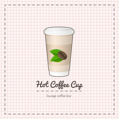 Vector paper coffee cup close up take-out coffee and cup holder with logo consisting of coffee beans and leaves on checkered background. File with transparent objects.