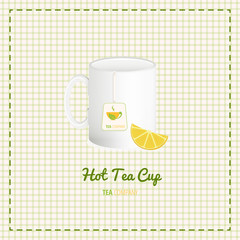 Vector tea cup close up with logo and lemon slices on checkered background. File with transparent objects.