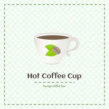 Vector coffee cup for espresso close up with logo consisting of coffee beans and leaves on checkered background. File with transparent objects.