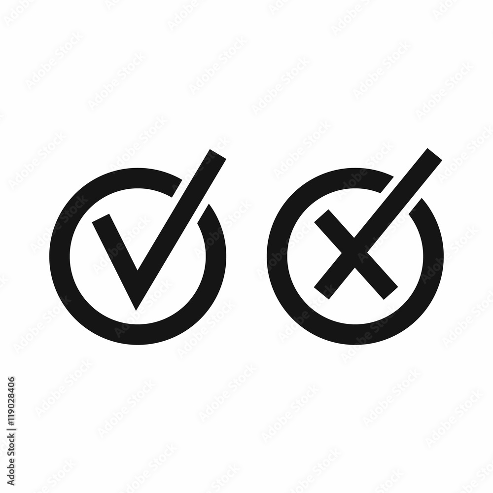 Poster signs of choice of tick and cross in circles icon in simple style isolated on white background. clic