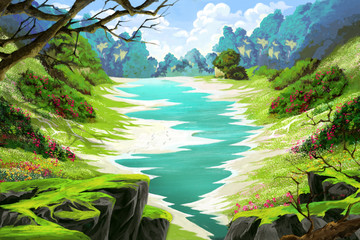 De kleine rivier in het bosland. Digitaal CG-kunstwerk van videogame, conceptillustratie, realistische achtergrond in cartoonstijl