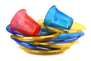 Plastic tableware on a white isolated background