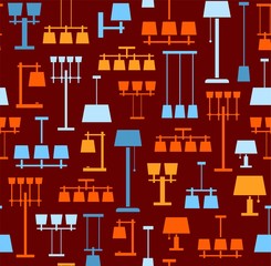 Lamps ceiling, table, floor, background, seamless, Burgundy. Vector background with images of various types of lamps. Yellow, orange and light blue, flat image on a Burgundy background. 