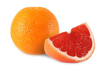 whole orange and cut grapefruit isolated on white background wit
