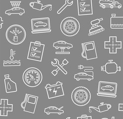 Repair and maintenance of vehicles, seamless grey background. Vector flat background with drawings of services an auto repair shop. White, linear image on a gray background. 