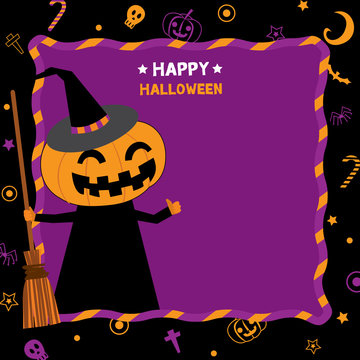 Halloween card with pumpkin devil cartoon purple background