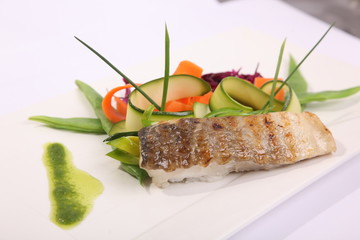 Roasted walleye with vegetables