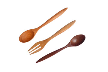 Wooden spoon and folk isolated on White background