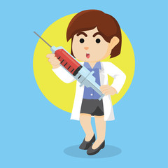 female doctor holding giant syringe