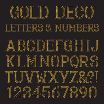 Golden font in art deco style. Vintage alphabet. Gold capital letters and numbers of lines with flourishes.