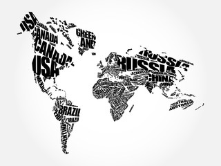 World Map in Typography word cloud concept, names of countries