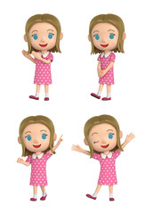 3D illustration character - The girl who wears a polka-dot dress and makes a pose.