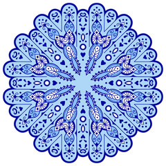 Fototapety  Niebieska mandala w kształcie płatków śniegu. Streszczenie zimowy wzór. Ręcznie robione wektor niebieski na białym tle. Etniczny wzór w stylu orientalnym.