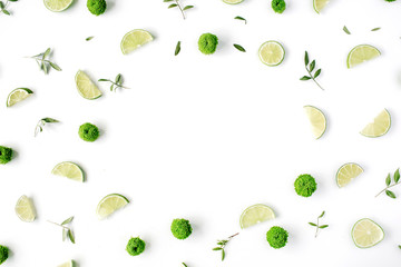lime and green branches frame on white background. flat lay, top view
