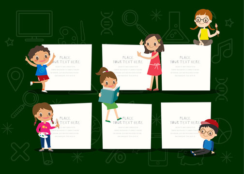 Kids With Blank Notepad Board On Green Chalkboard Background Cartoon