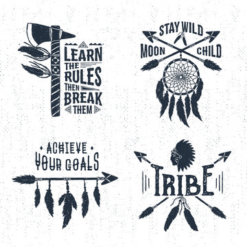 Hand drawn tribal labels set with tomahawk, dream catcher, arrows, and feathers vector illustrations and inspirational lettering.