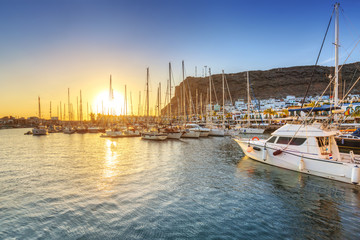 Marina of Puerto de Mogan at sunset, Gran Canaria island, Spain.
