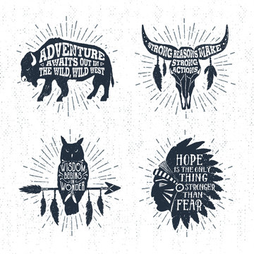 Hand drawn tribal labels set with buffalo, skull, owl, and headdress vector illustrations and inspirational lettering.