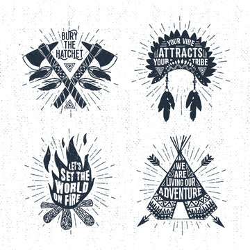Hand drawn tribal labels set with tomahawks, headdress, bonfire, and teepee vector illustrations and inspirational lettering.