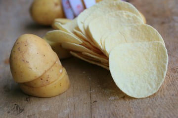 Fresh potatoes with potatoes chips
