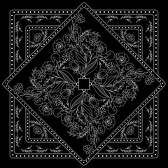 Black and white  bandana print with floral pattern. Square pattern design for pillow, carpet, rug. Design for silk neck scarf, kerchief, hanky
