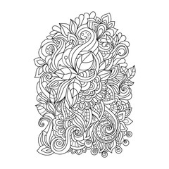 Hand Drawn Ornament with floral pattern. for coloring book for adult. Template for Greeting Card. Vector Monochrome background