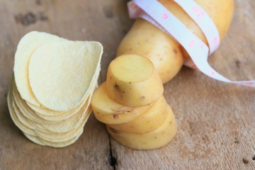 Fresh potatoes with potatoes chips