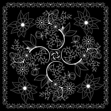 Black and white  bandana print with floral pattern. Square pattern design for pillow, carpet, rug. Design for silk neck scarf, kerchief, hanky