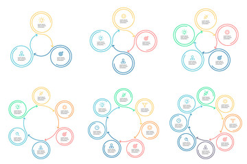 Outline infographics. Circular diagrams with 3 - 8 steps.