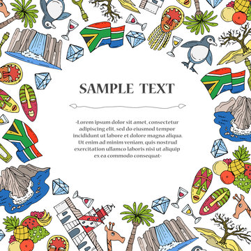 Cute decorative cover with hand drawn colored symbols of South Africa