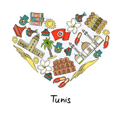 Stylized heart with hand drawn colored symbols of Tunis