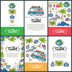 Vector set of prepared cards with hand drawn colored symbols of travel and tourism