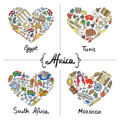 Vector set with stylized hearts with hand drawn colored symbols of Egypt, Tunis, South Africa, Morocco - 119035802