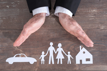 Family, house and car insurance concept
