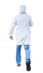 Back view of running doctor in a robe hurrying to help the patient. Walking guy in motion. Rear view people collection. Backside view of person. Isolated over white background.