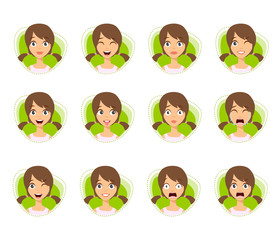 Set of Woman Avatar Expressions with Two Ponytails