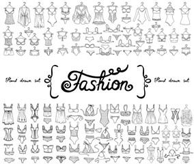 Vector set with hand drawn isolated doodles on the  theme of fashion. Flat illustrations of lingerie and swimsuits for women. Sketches for use in design - 119036638