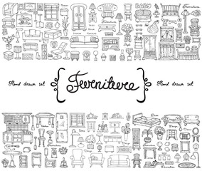 Vector set with hand drawn isolated doodles on the  theme of furniture. Flat illustrations of objects for decoration and interior. Sketches for use in design