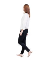 back view of walking  woman in jeans. beautiful blonde girl in motion.  backside view of person.  Rear view people collection. Isolated over white background.
