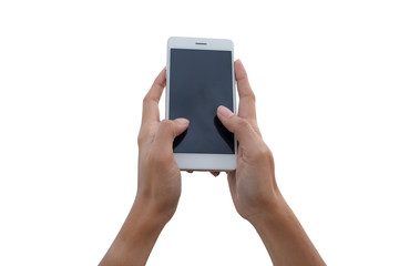right and left hand of a woman holding blank black screen mobile smart phone for play game or talk photo, isolated on white background with clipping path for the screen.