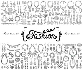 Vector set with hand drawn isolated doodles on the  theme of fashion, accessories. Flat illustrations of jewelry. Sketches for use in design - 119037414