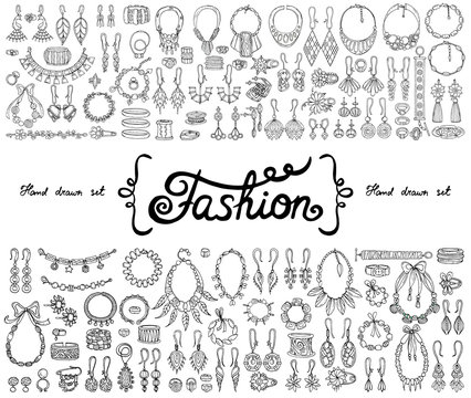 Vector set with hand drawn isolated doodles on the  theme of fashion, accessories. Flat illustrations of jewelry. Sketches for use in design