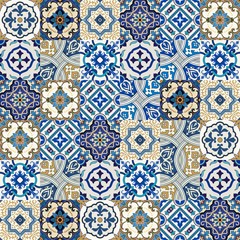 Fototapety  Mega wspaniały bezszwowy patchworkowy wzór z kolorowych płytek marokańskich, portugalskich, azulejo, ozdób... Może być stosowany do tapet, wypełnień deseniem, tła strony internetowej, tekstur powierzchni.