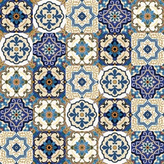 Mega Gorgeous seamless patchwork pattern from colorful Moroccan, Portuguese tiles, Azulejo, ornaments.. Can be used for wallpaper, pattern fills, web page background,surface textures. - obrazy, fototapety, plakaty