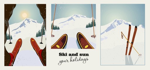 Set of winter ski vintage posters. Skier getting ready to descend the mountain. Winter background. Grunge effect it can be removed. - 119038249