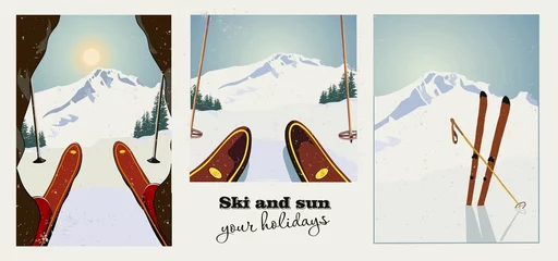  Set of winter ski vintage posters. Skier getting ready to descend the mountain. Winter background. Grunge effect it can be removed. © pgmart